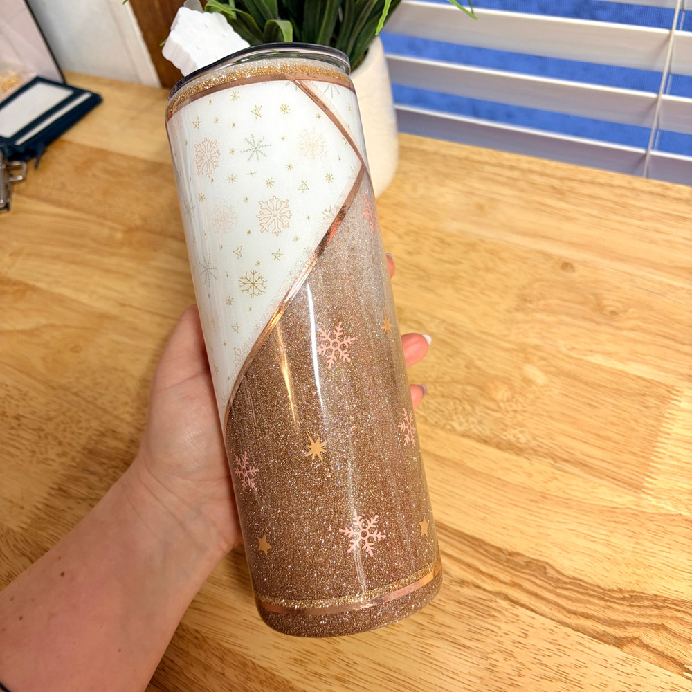 White Glitter Gold Snowflake Tumbler, Hot and Cold Drinks Water 20oz Handmade - Picture 3 of 4